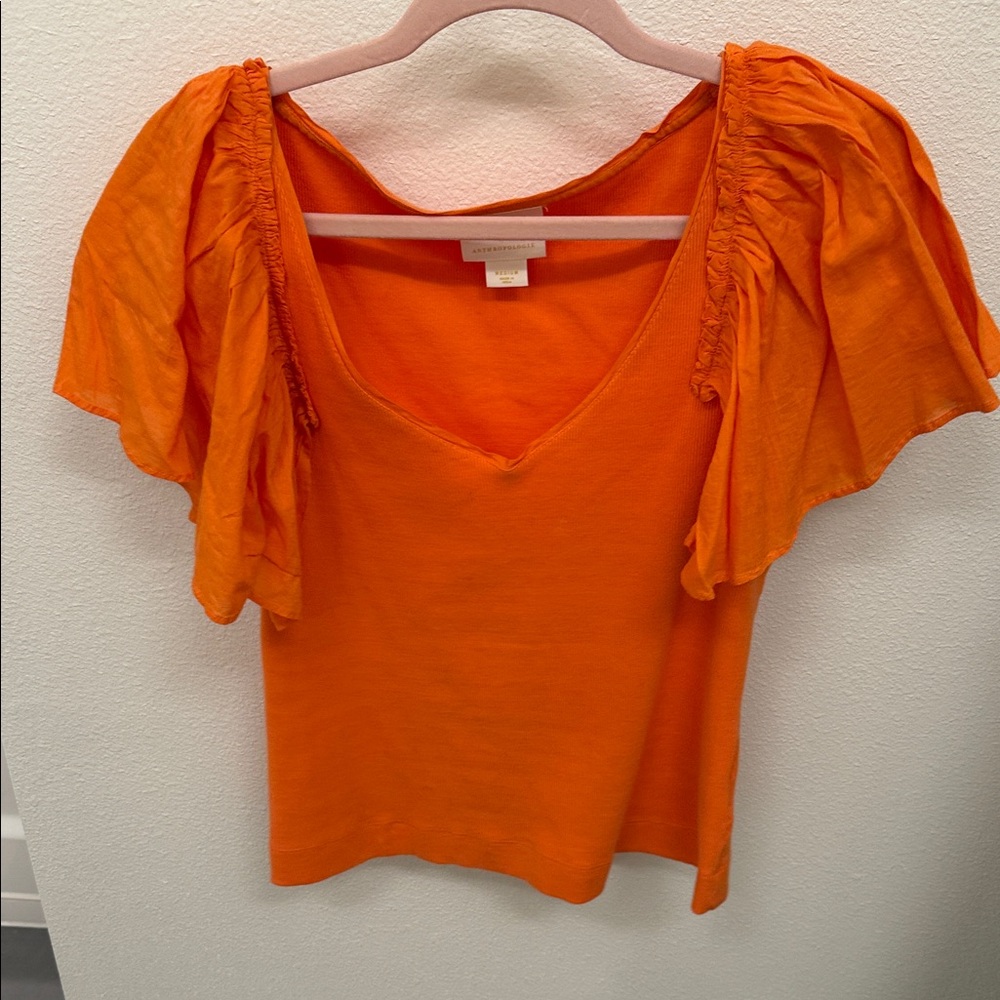 Anthropologie Orange Ruffle Sleeve Top